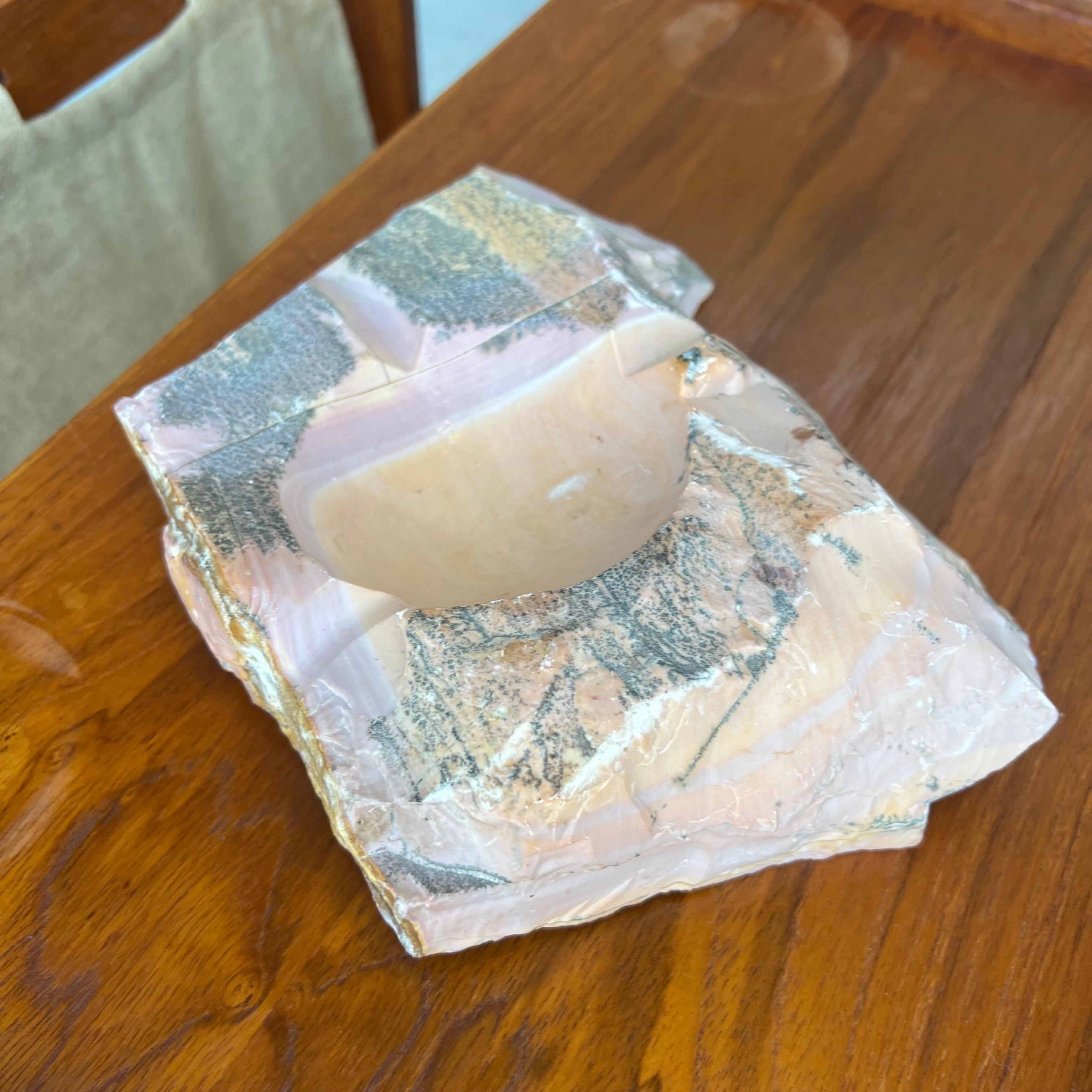 An absolutely stunning pink and gray marble/ alabaster slab catchall. Mostly rough unpolished, the veining is so pretty.