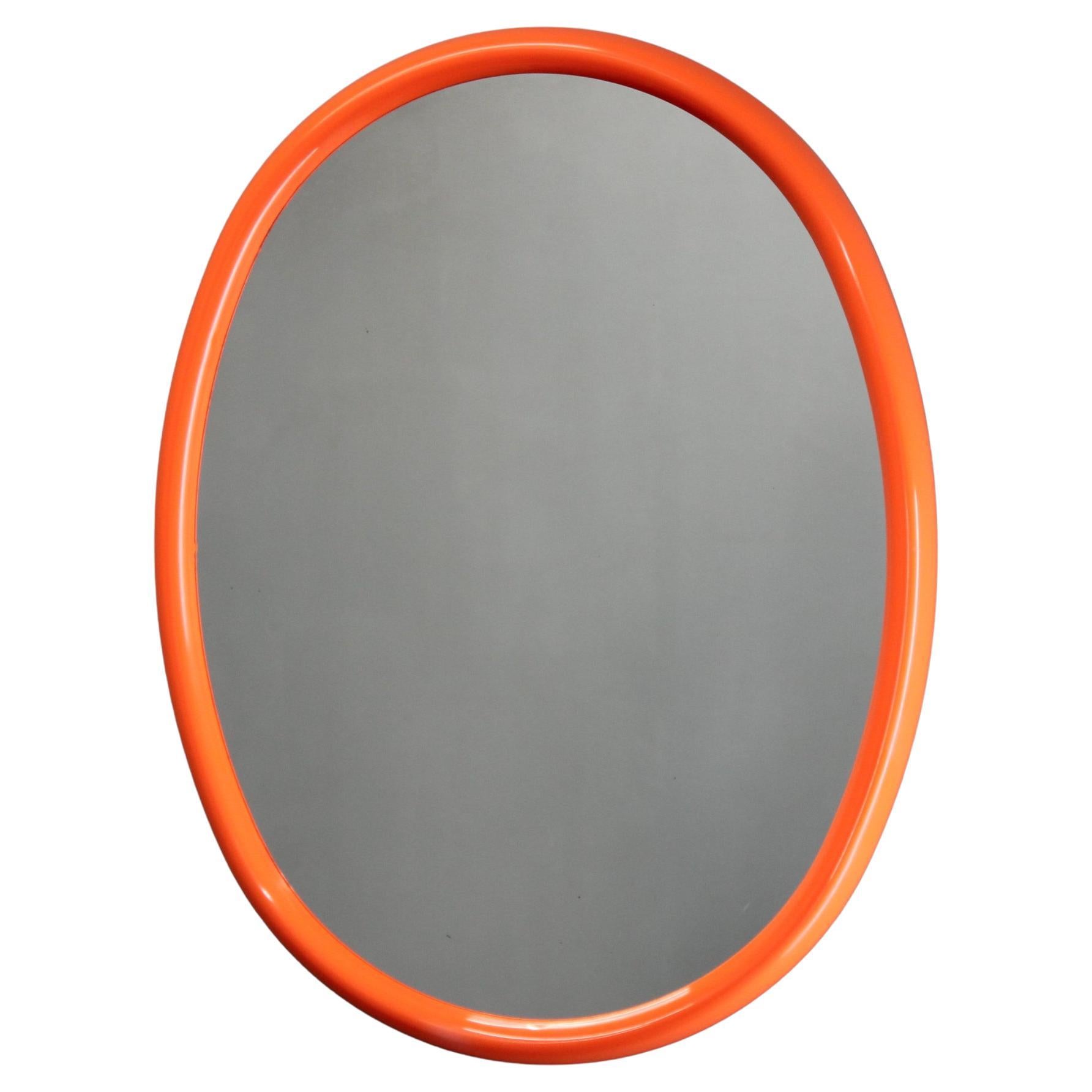1970s Italian Oval Mirror in Orange Plastic Frame