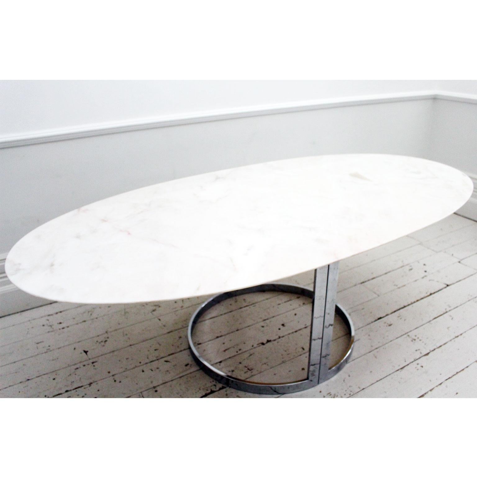 Mid-Century Modern 1970s Italian Oval Rosa Marble Dining Table with Chrome Base