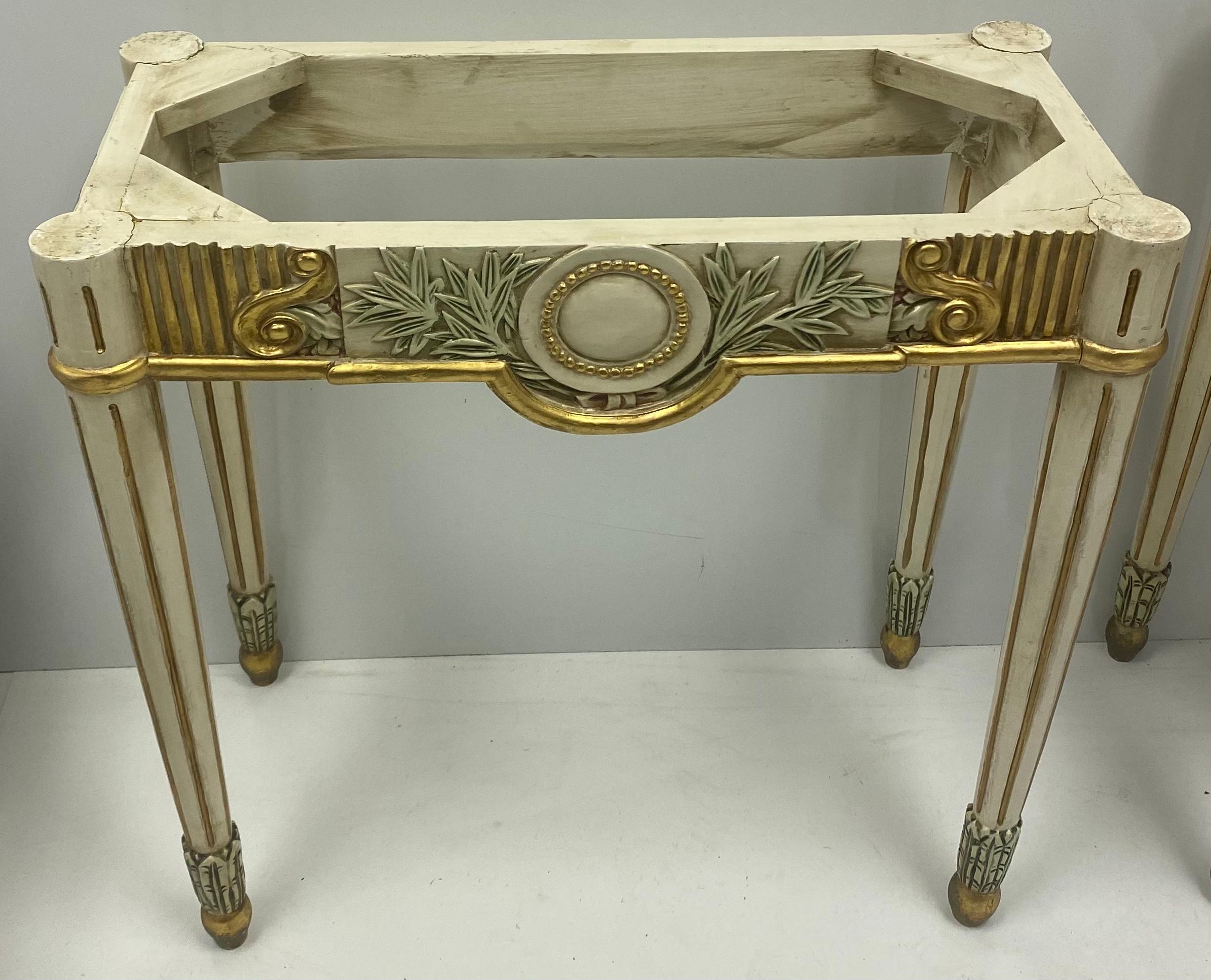 Late 20th Century 1970s Italian Painted Giltwood and Stone Console Tables, a Pair