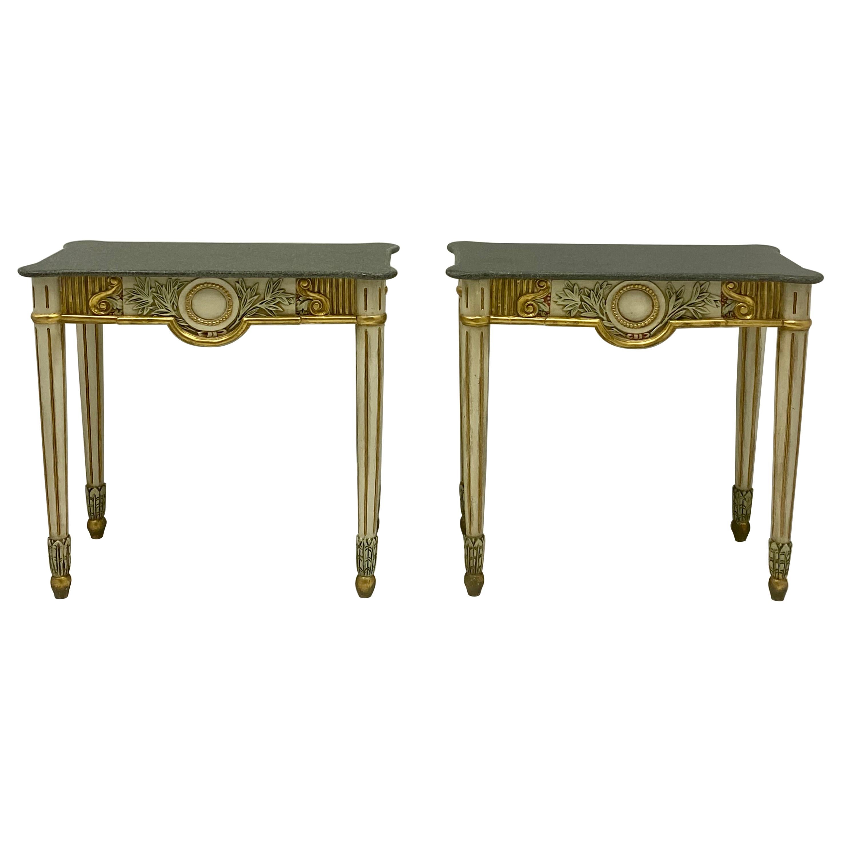 1970s Italian Painted Giltwood and Stone Console Tables, a Pair