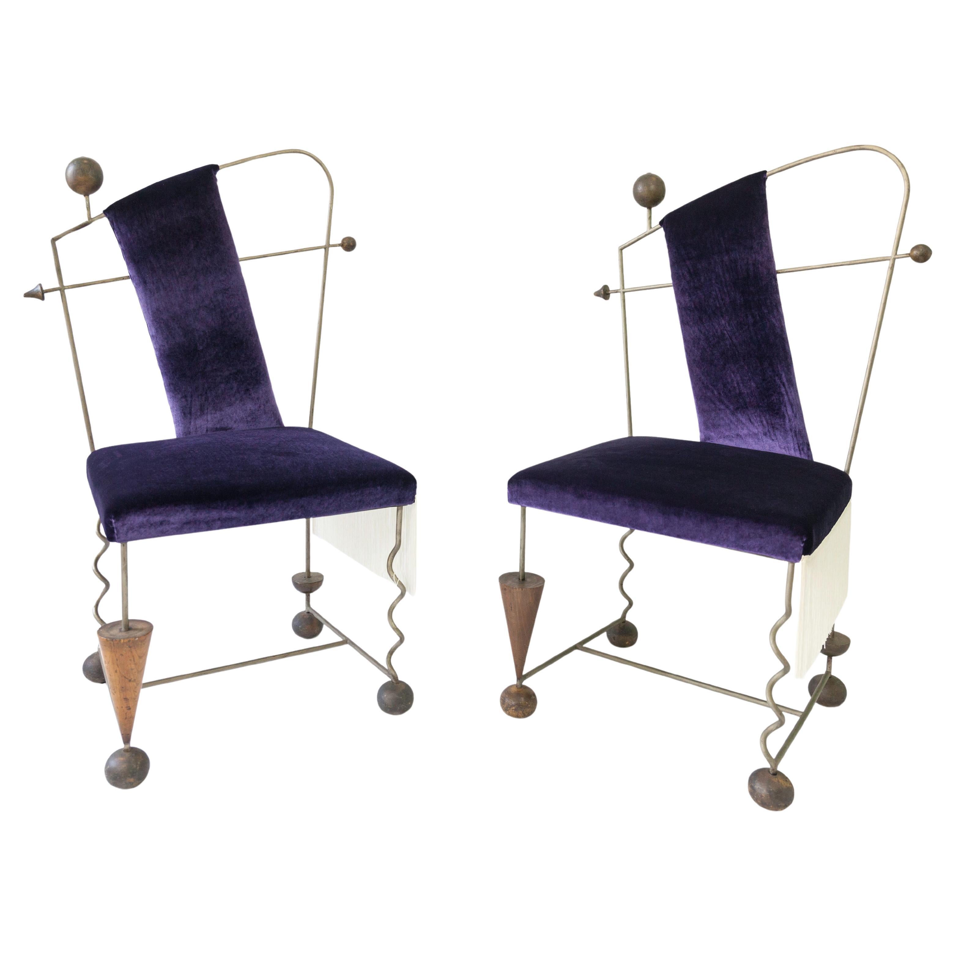 1970's Italian Pair of Chairs Armchairs Velvet purple Wrought Iron Surrealist