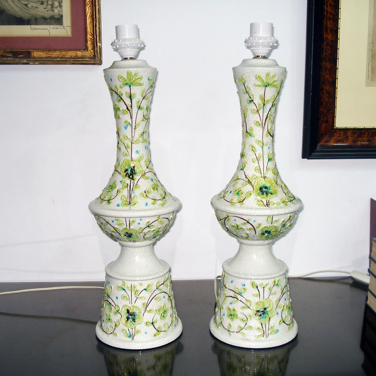 Glazed 1970s Italian Pair of Large Ceramic Table Lamps Floral Motif For Sale