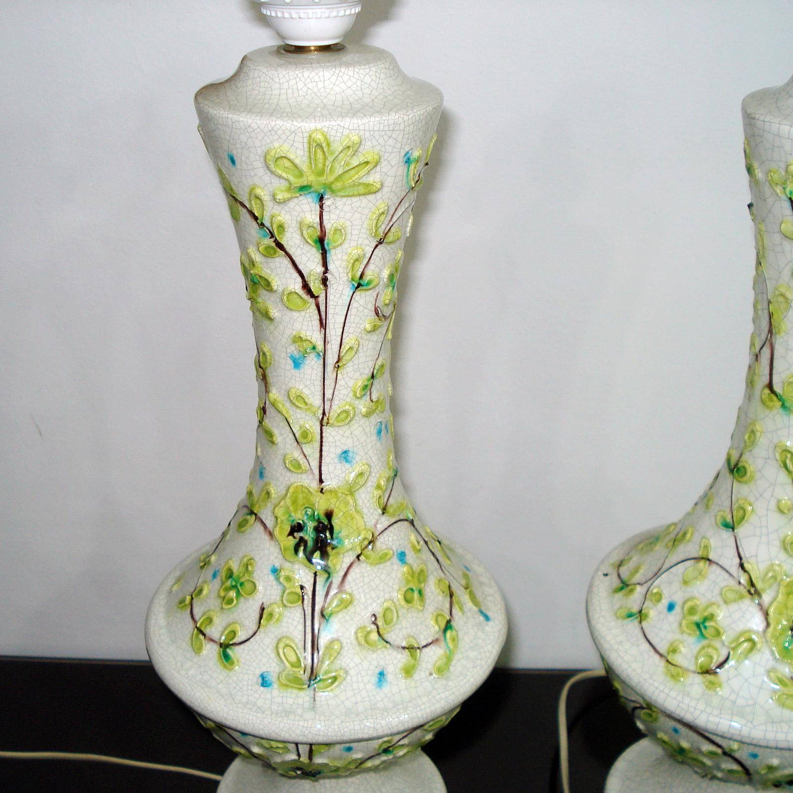 Mid-20th Century 1970s Italian Pair of Large Ceramic Table Lamps Floral Motif For Sale