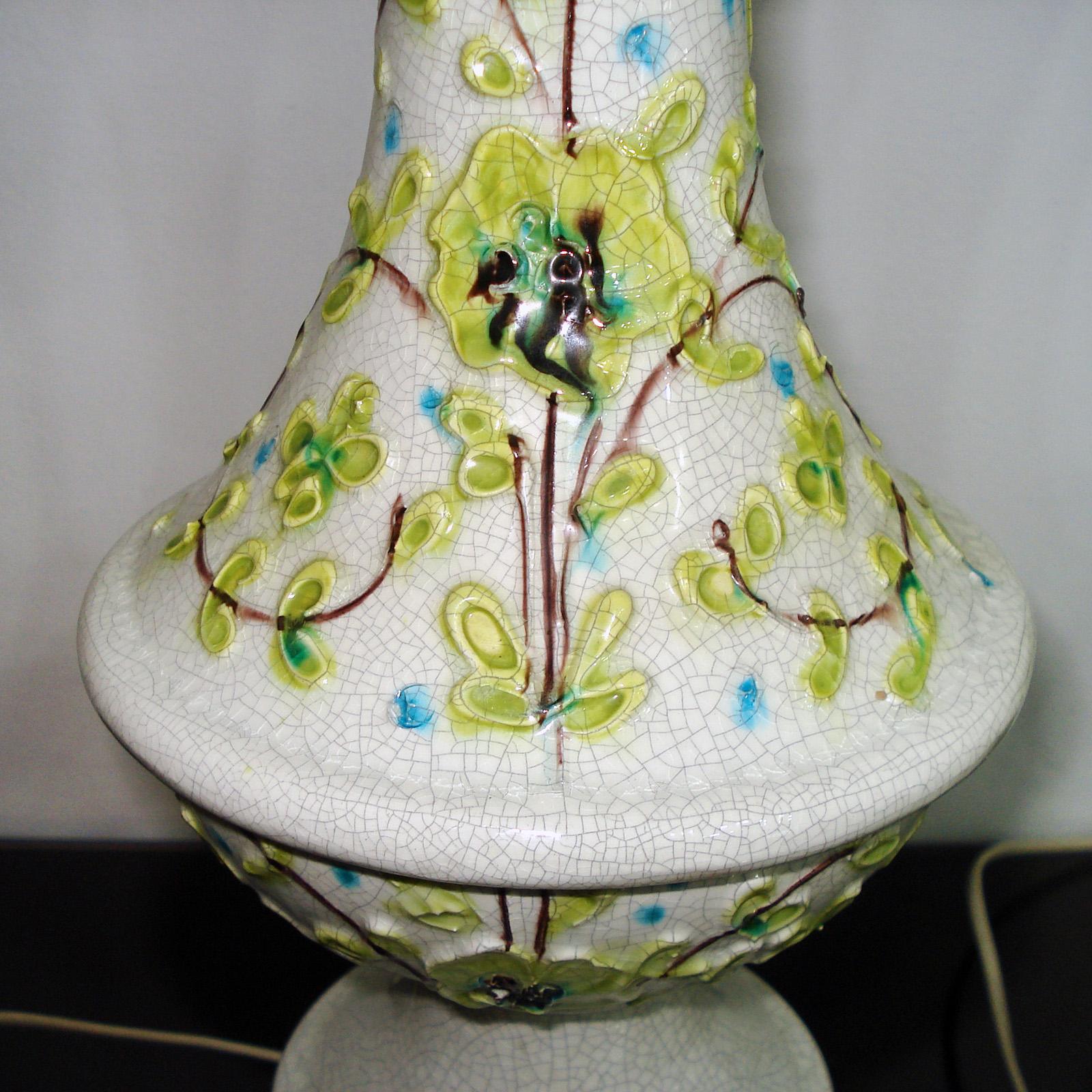 1970s Italian Pair of Large Ceramic Table Lamps Floral Motif For Sale 1