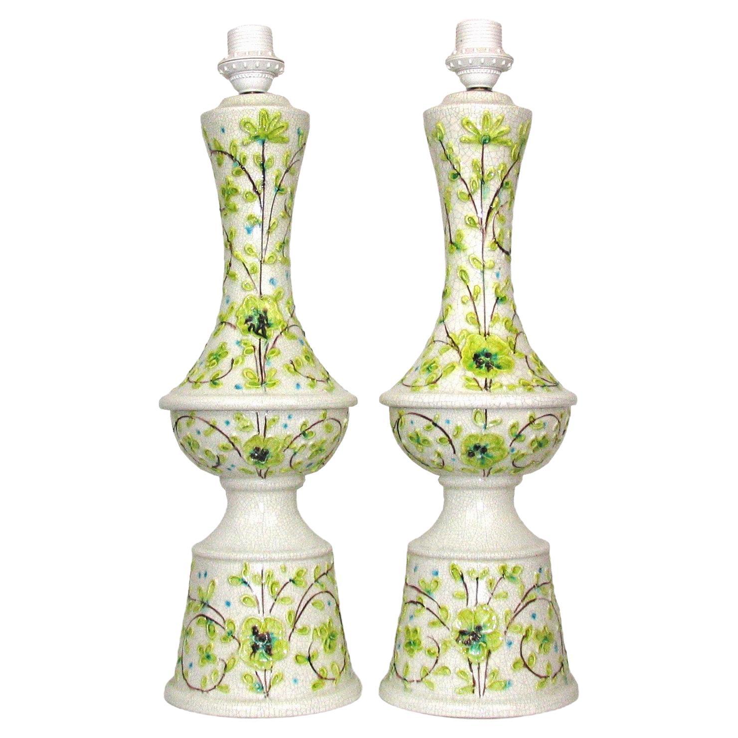 1970s Italian Pair of Large Ceramic Table Lamps Floral Motif For Sale