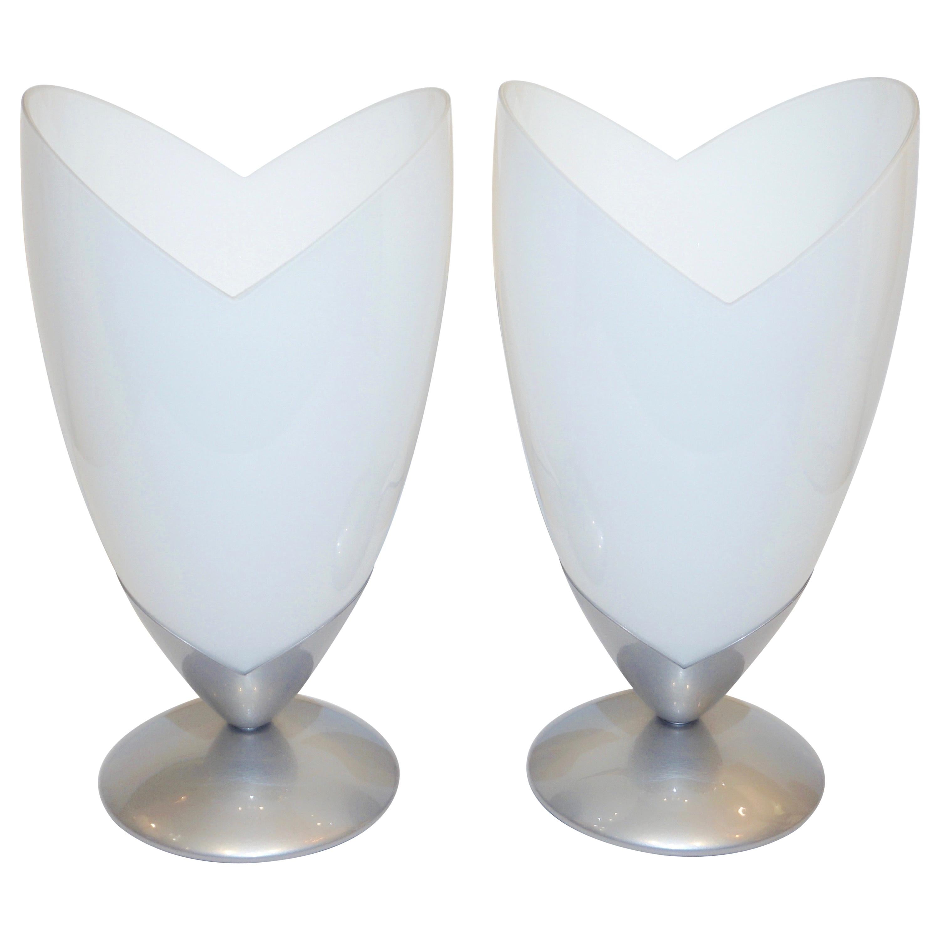 1970s Italian Pair of Satin Nickel & White Glass Organic Tulip Lamps by Tronconi