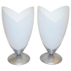 Vintage 1970s Italian Pair of Satin Nickel & White Glass Organic Tulip Lamps by Tronconi
