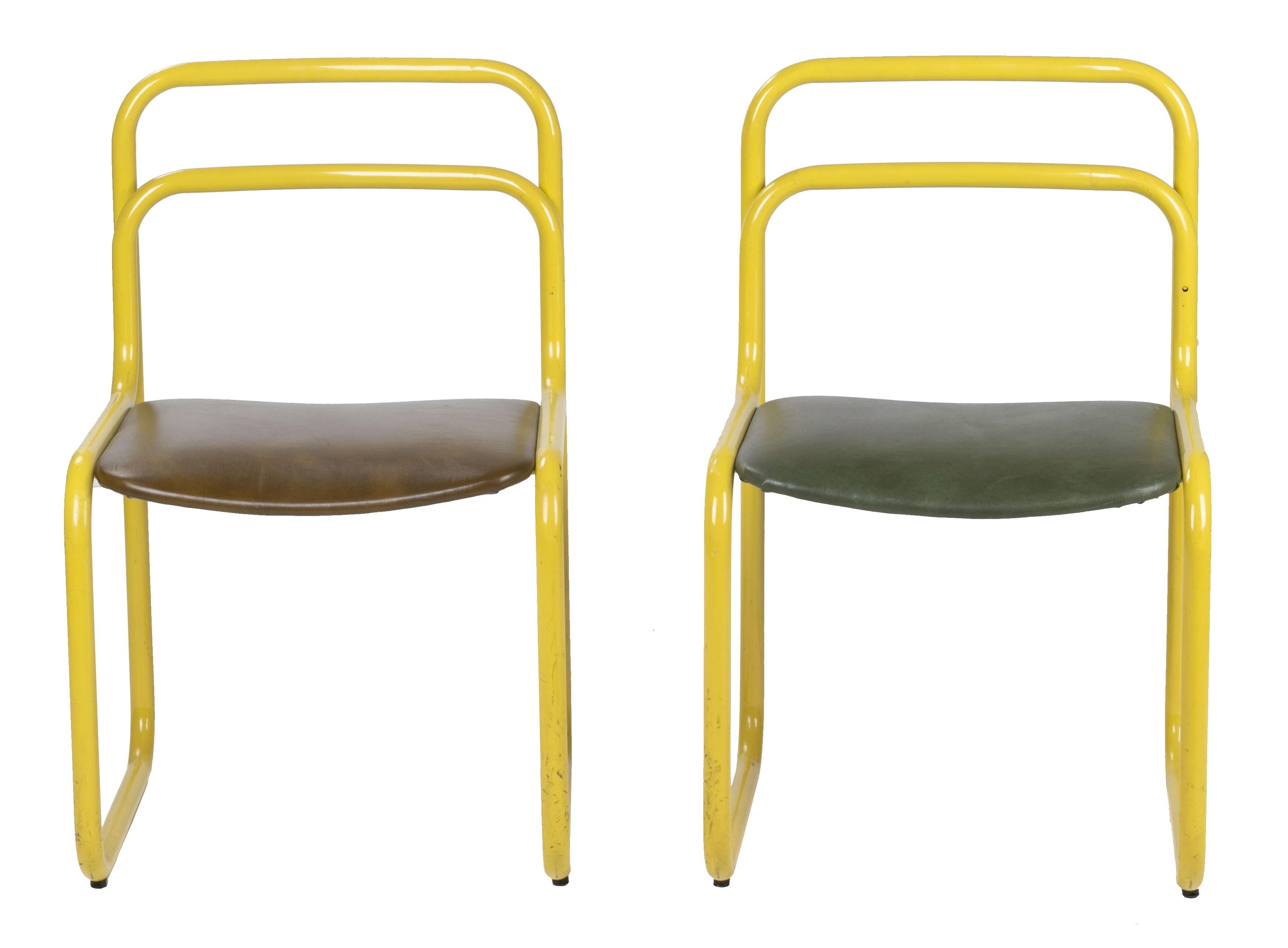 1970s Italian pair of vintage steel yellow chairs.