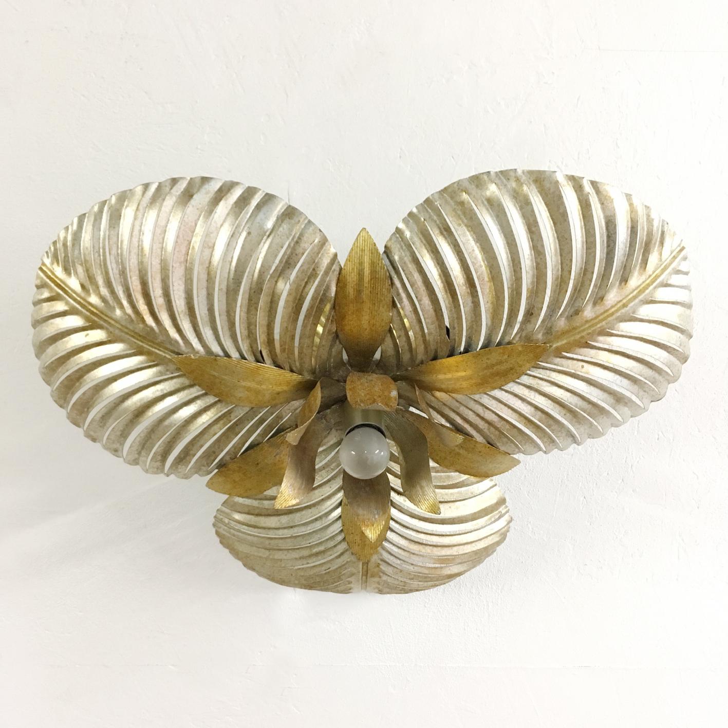 Hand-Crafted 1970s Italian Palm Leaf Ceiling Light