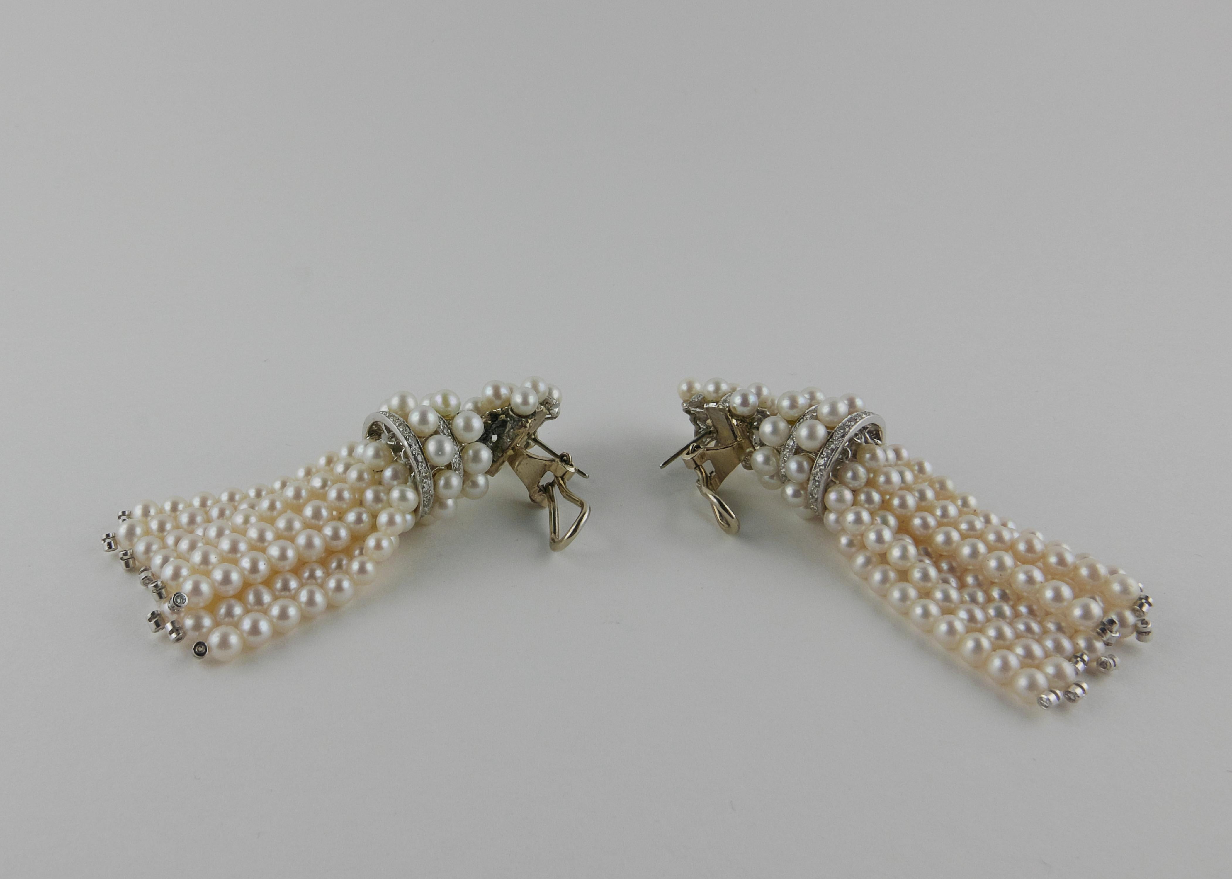 Round Cut 1970s Italian Pearl and Diamond tassel Earrings For Sale