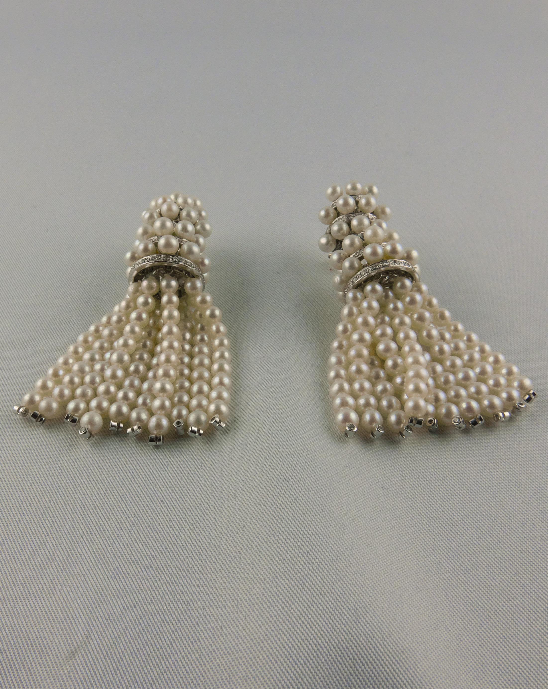 1970s Italian Pearl and Diamond tassel Earrings In Good Condition For Sale In Torino, IT