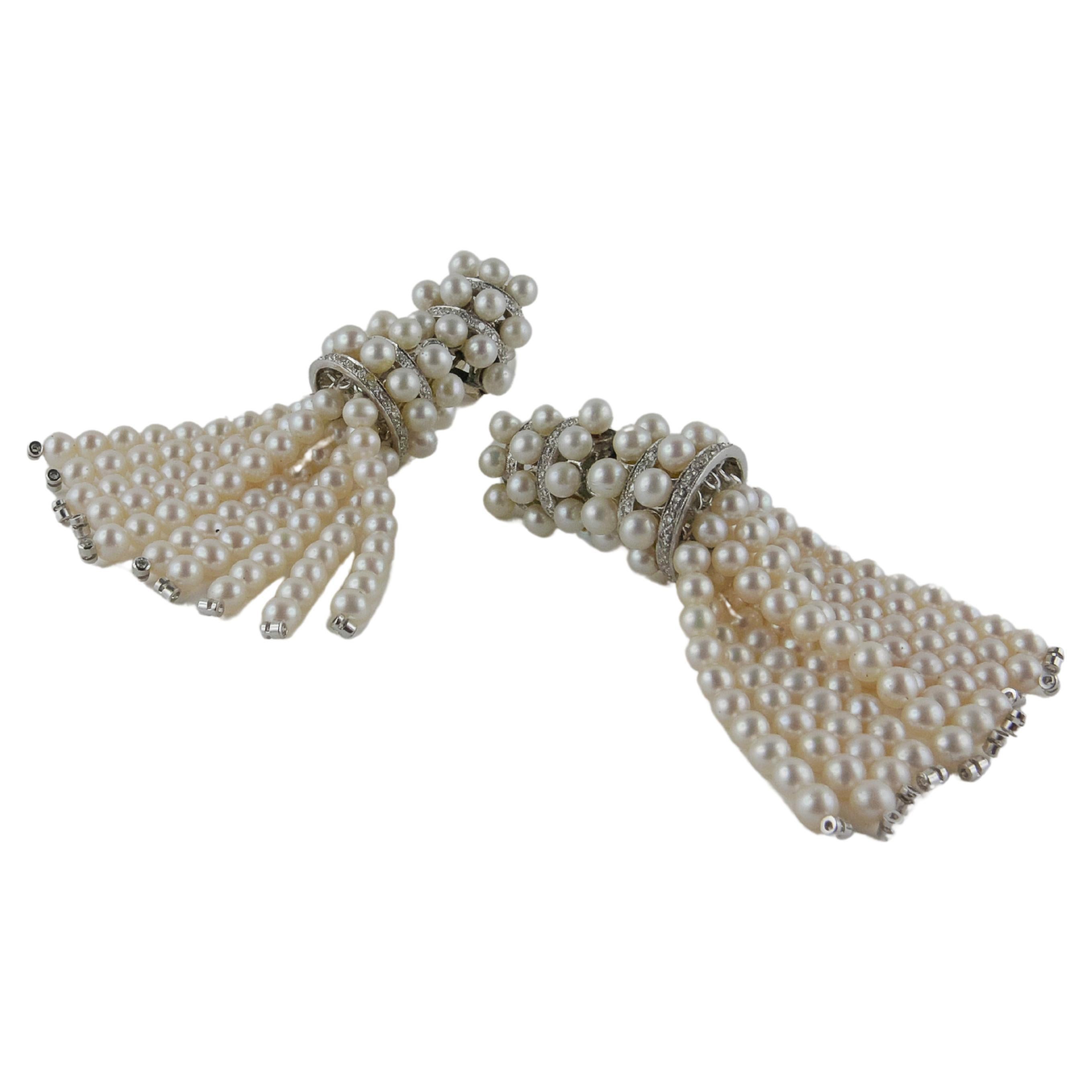 1970s Italian Pearl and Diamond tassel Earrings For Sale
