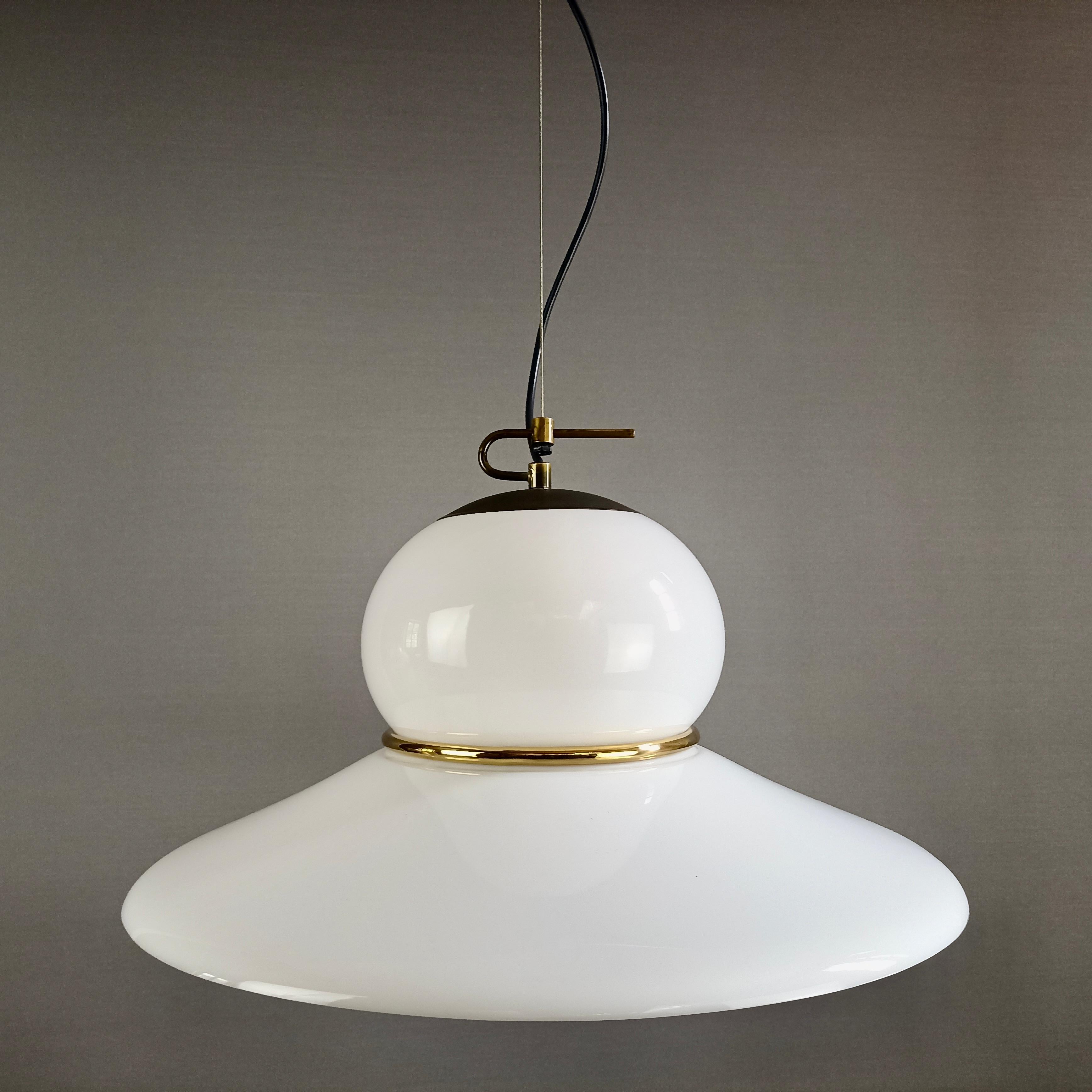 Modern 1970s Italian Plastic and Brass Pendant Lamp For Sale