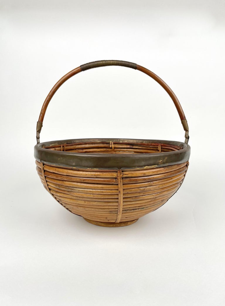 Metal 1970s Italian Rattan and Brass Large Basket For Sale