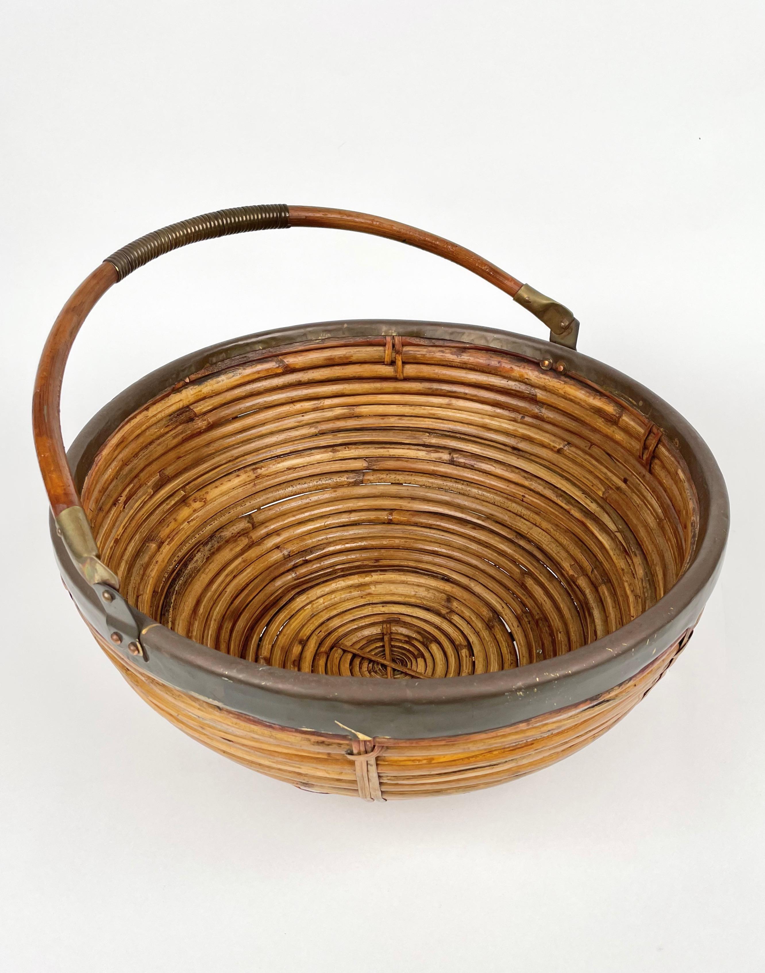 Metal 1970s Italian Rattan and Brass Large Basket For Sale