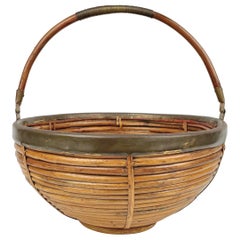 Retro 1970s Italian Rattan and Brass Large Basket