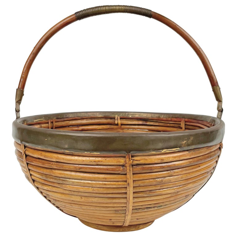 1970s Italian Rattan and Brass Large Basket For Sale