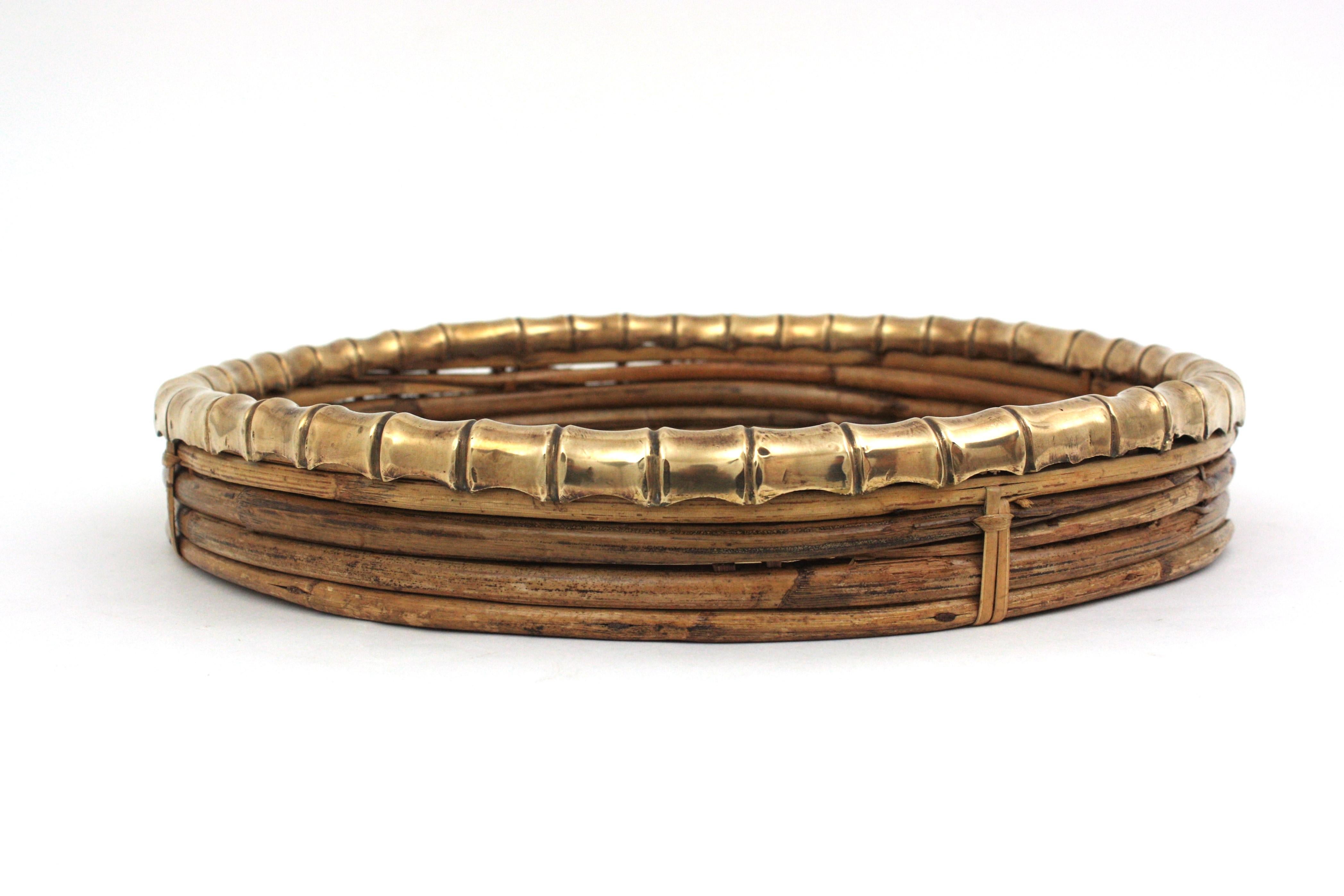 Rattan and Brass Round Centerpiece with Faux Bamboo Rim, Italy, 1970s For Sale 6