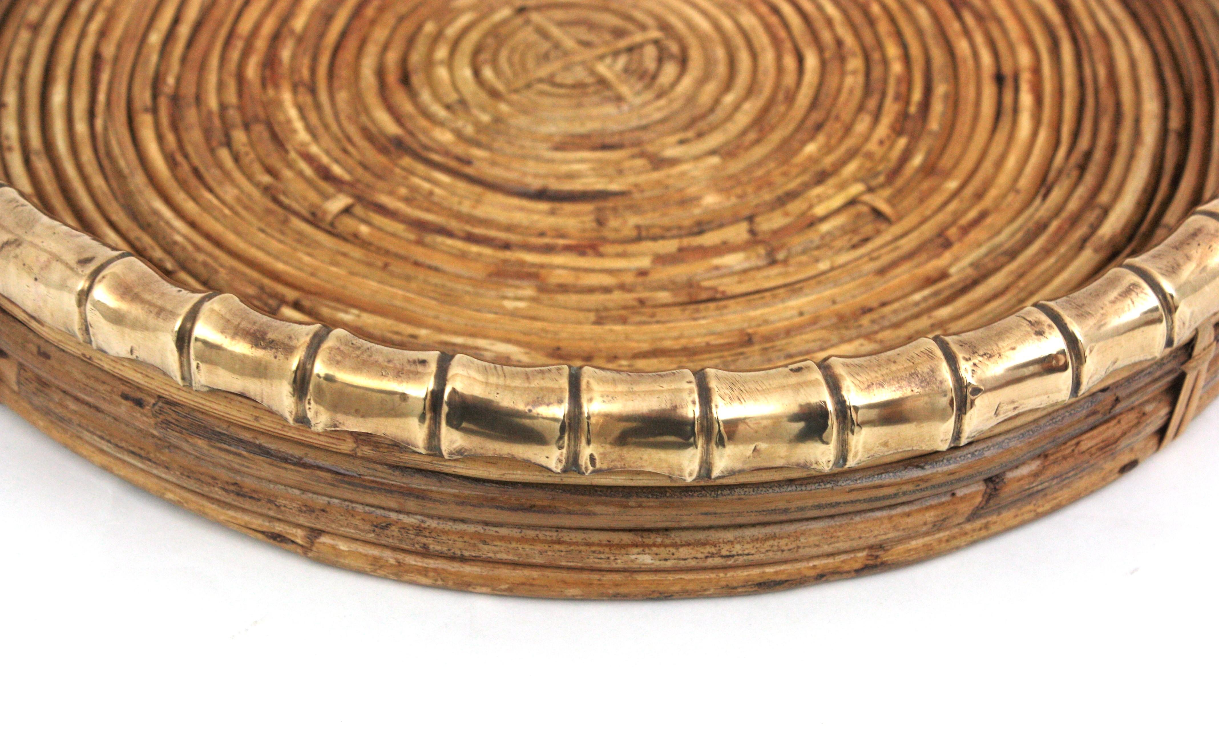 Italian Rattan and Brass Round Centerpiece with Faux Bamboo Rim, Italy, 1970s For Sale