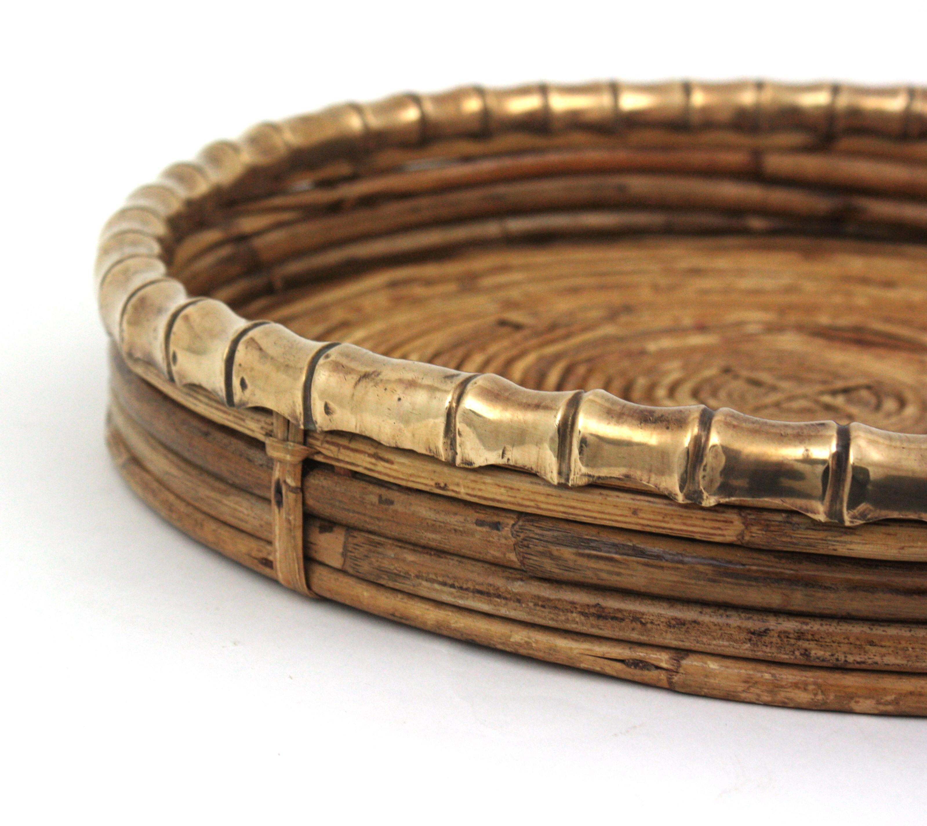 Rattan and Brass Round Centerpiece with Faux Bamboo Rim, Italy, 1970s For Sale 1
