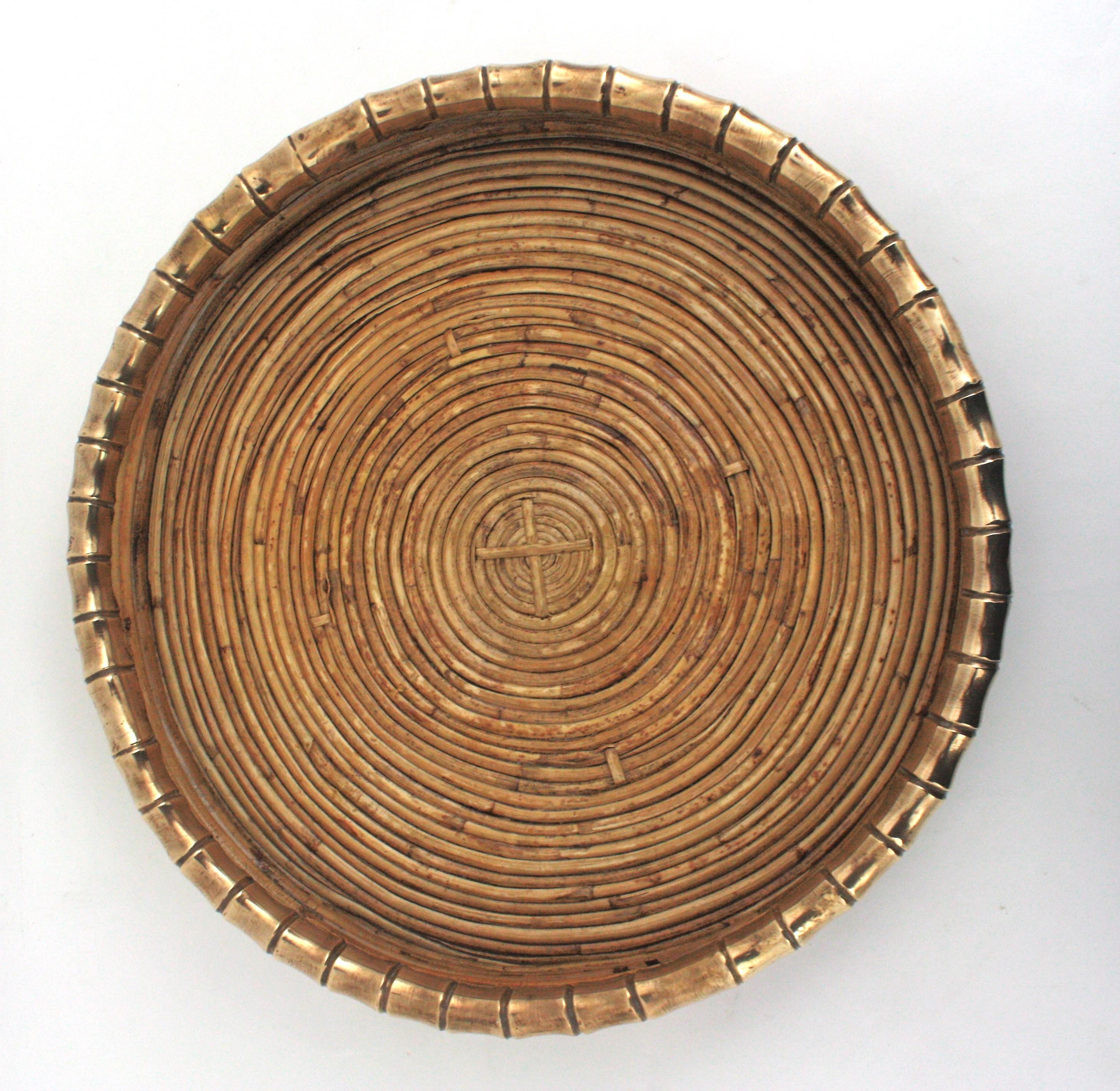 Rattan and Brass Round Centerpiece with Faux Bamboo Rim, Italy, 1970s For Sale 2