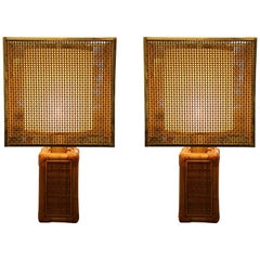 1970s Italian Rattan Lamps with Original Shade, Two
