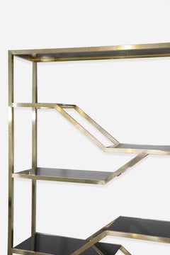 1970s Italian Rectangular Brass and Black Opaline Glass Bookcase Gold Black
