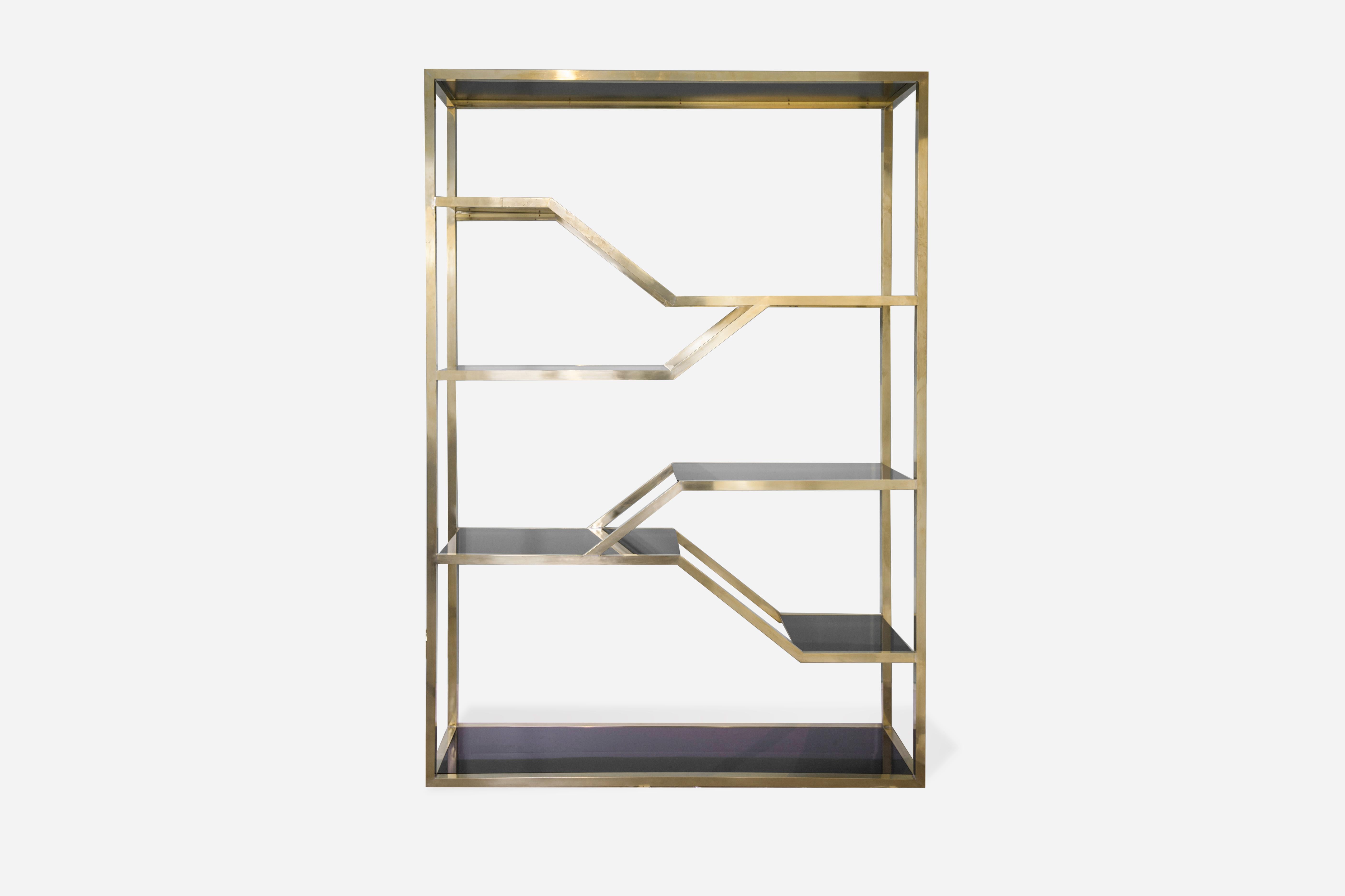 Libreria italiana anni '70 rettangolare in ottone e vetro opalino nero Oro Nero in vendita 2