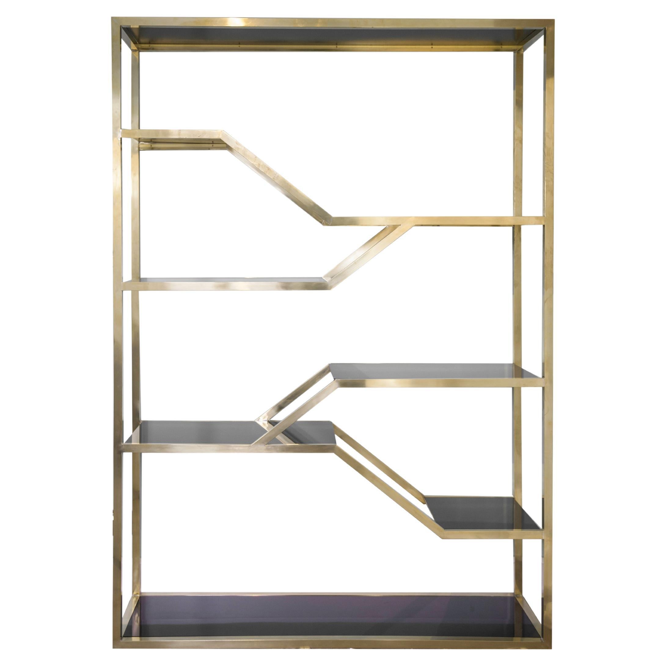 Libreria italiana anni '70 rettangolare in ottone e vetro opalino nero Oro Nero