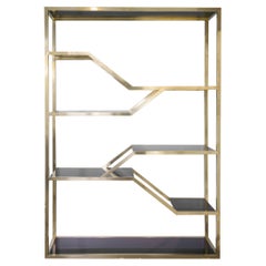 1970s Italian Rectangular Brass and Black Opaline Glass Bookcase Gold Black