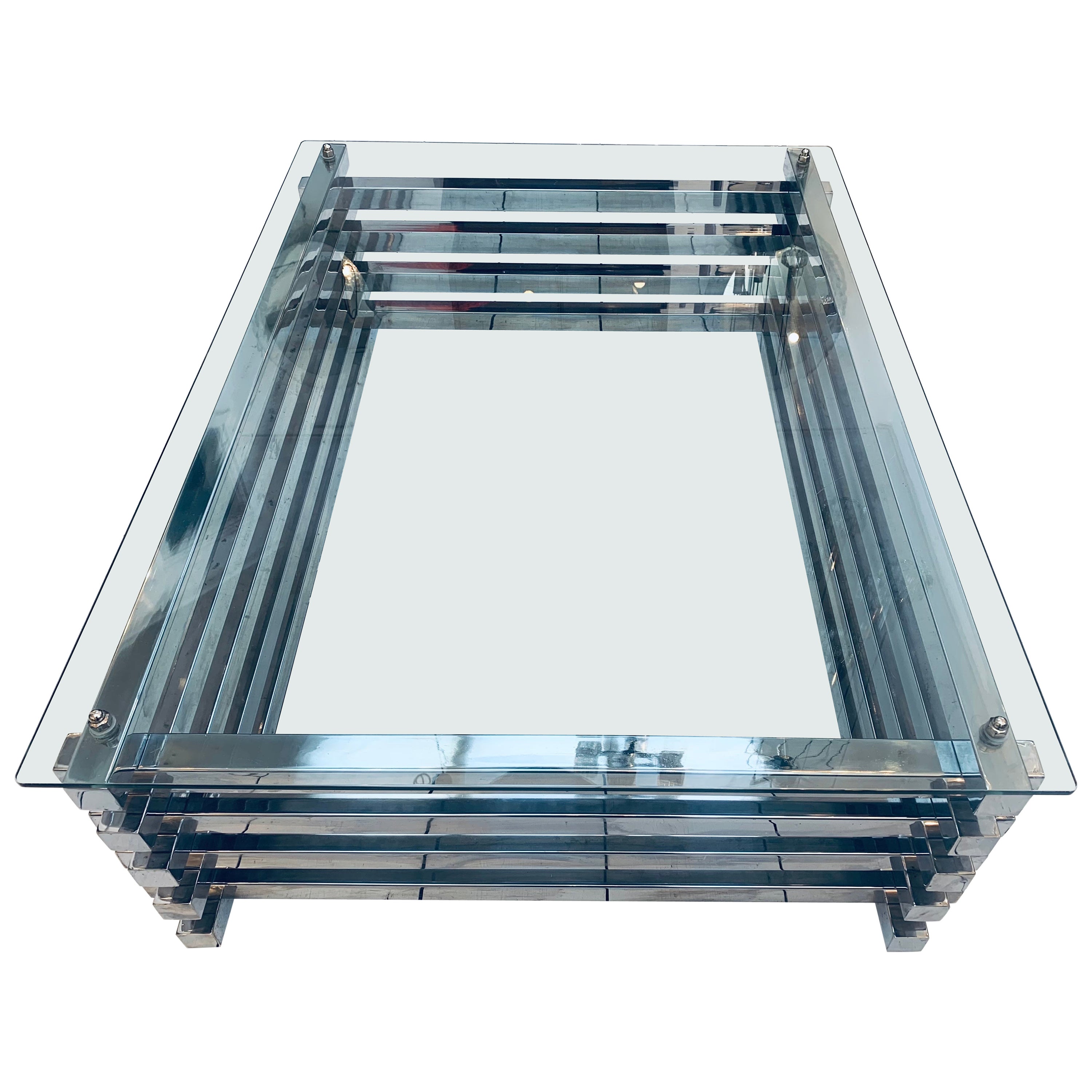1970s, Italian, Rectangular Chrome & Glass Coffee Table Pierre Cardin Style