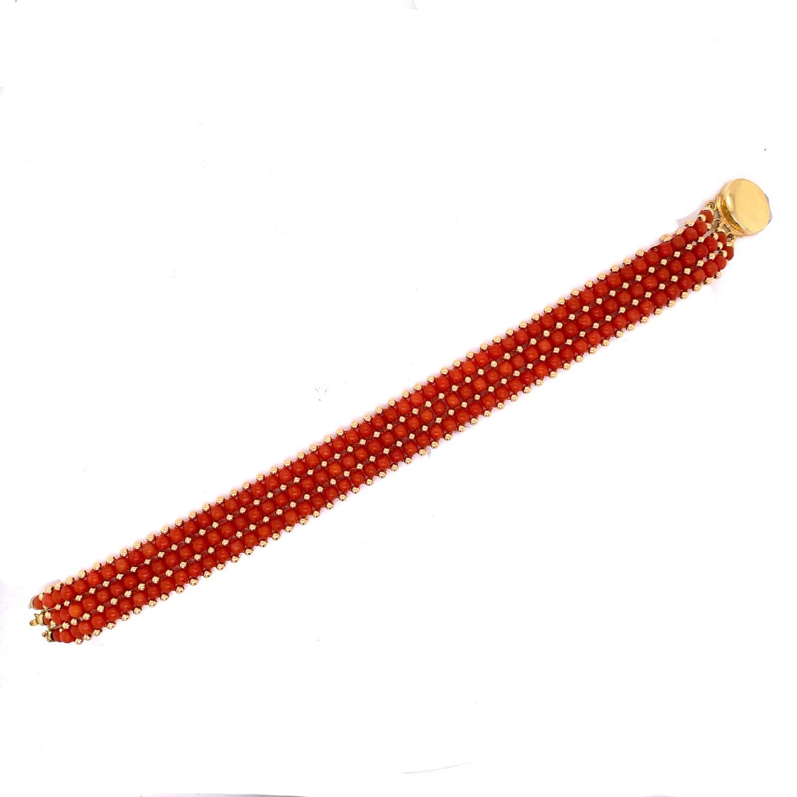 Round Cut 1970's Italian Red Coral Three Row 18 Karat Yellow Gold Vintage Bead Bracelet
