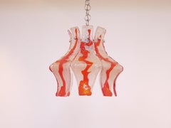 1970s Italian Red & Transparent Murano Art Glass & Chrome Chains Chandelier