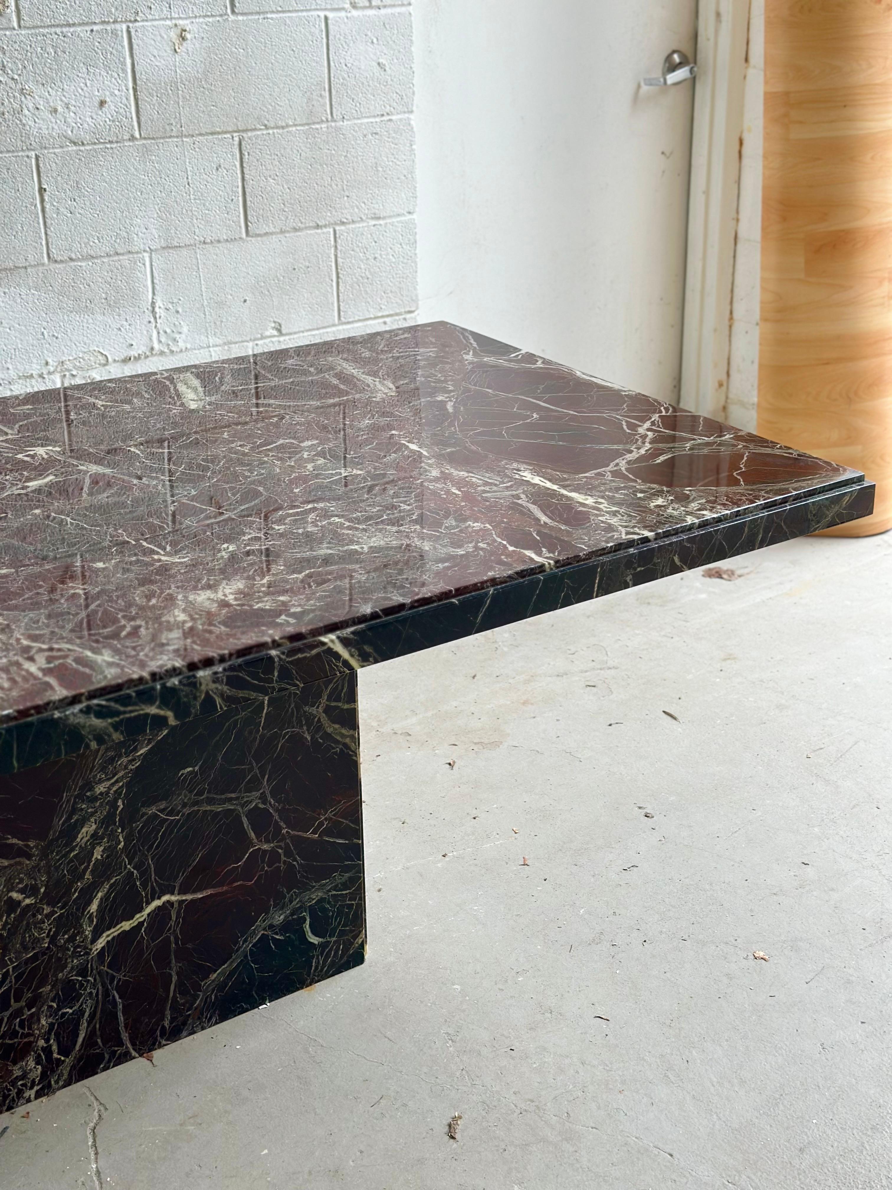Late 20th Century 1970s Italian Rosso Levanto  Red Marble Stone Rectangular Pedestal Dining Table For Sale