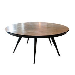 1970
s Italian Round Dining Table, Wood and Goatskin Patchwork Top