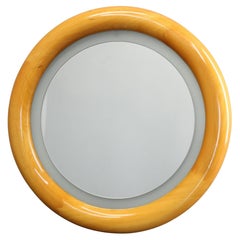 Miroir rond italien des années 1970 avec cadre en bois avec lumière