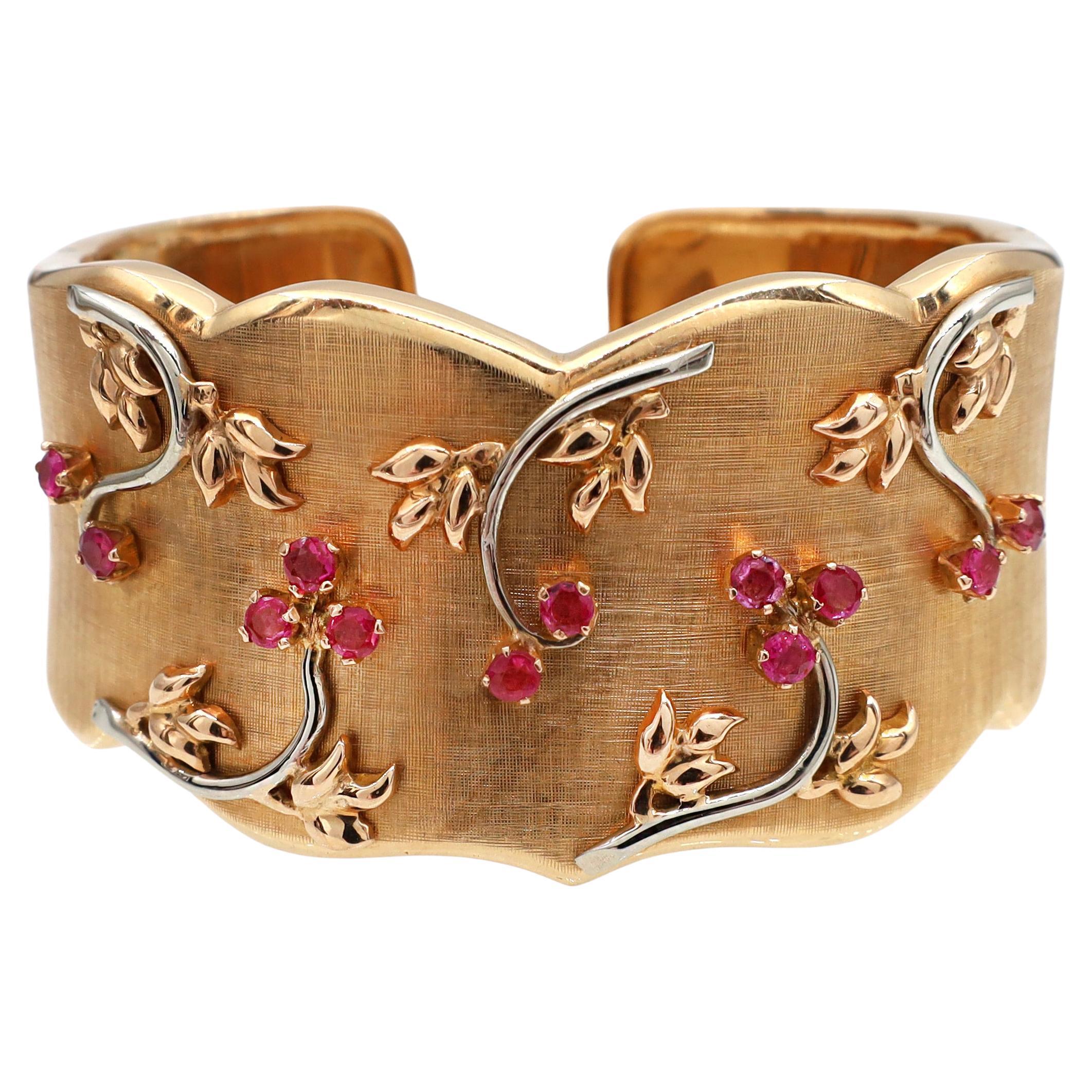 1970s Italian Ruby and 18kt Yellow Gold Hinged Cuff Bangle For Sale