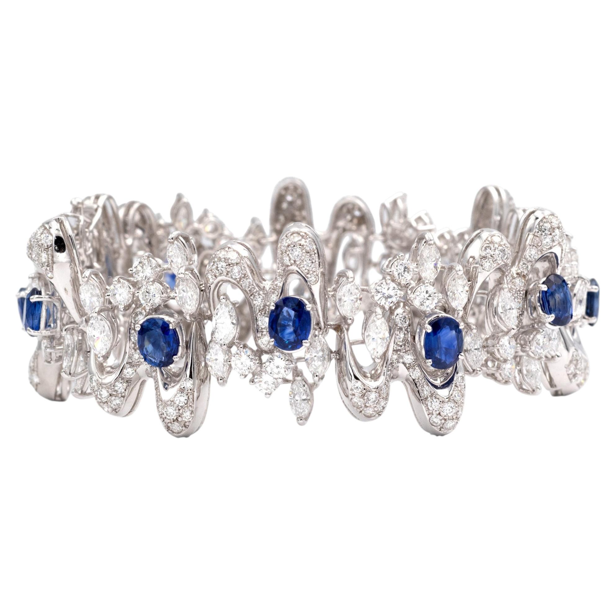 1970s Italian Sapphire Diamond Organic White Gold Bracelet