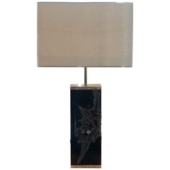 1970s Italian Sculptural Black Resin Table Lamp, Chrome Details