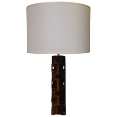 1970s Italian Sculptural Carved Wood Table Lamp by Artist Gianni Pinna