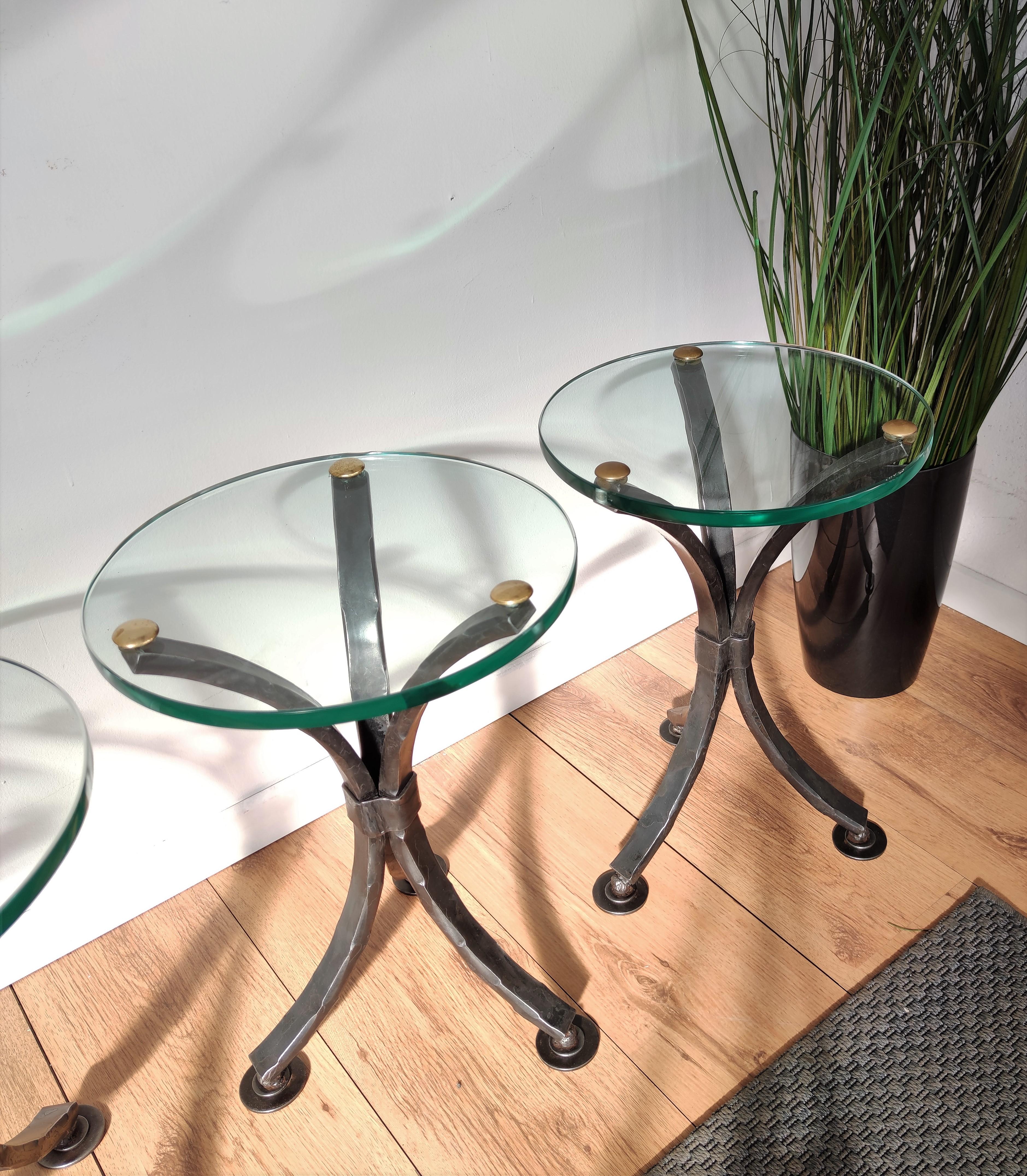 1970s Italian Sculptural Wrought Iron Brass and Glass Round Side Table or Stool For Sale 2