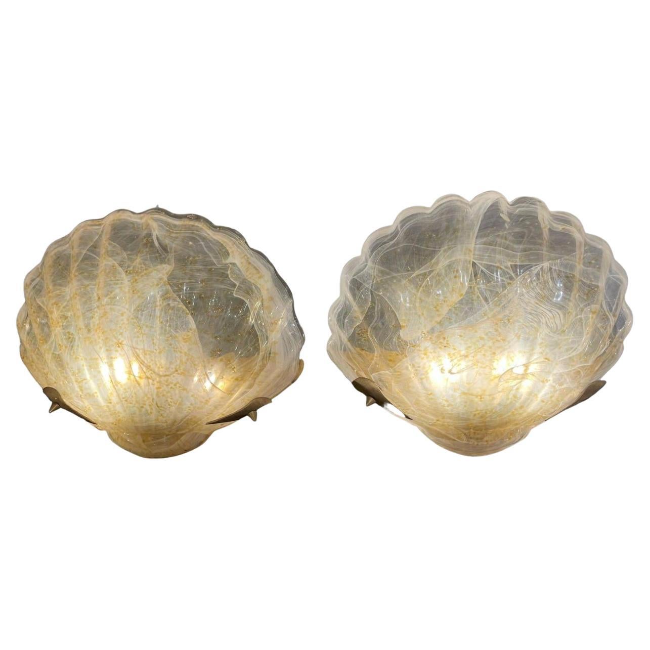 1960s Italian "Shell" Wall Lights in White and Amber Murano Glass