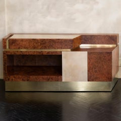 1970's Italian Sideboard / Dry Bar in Briar Wood Parchment and Brass Details