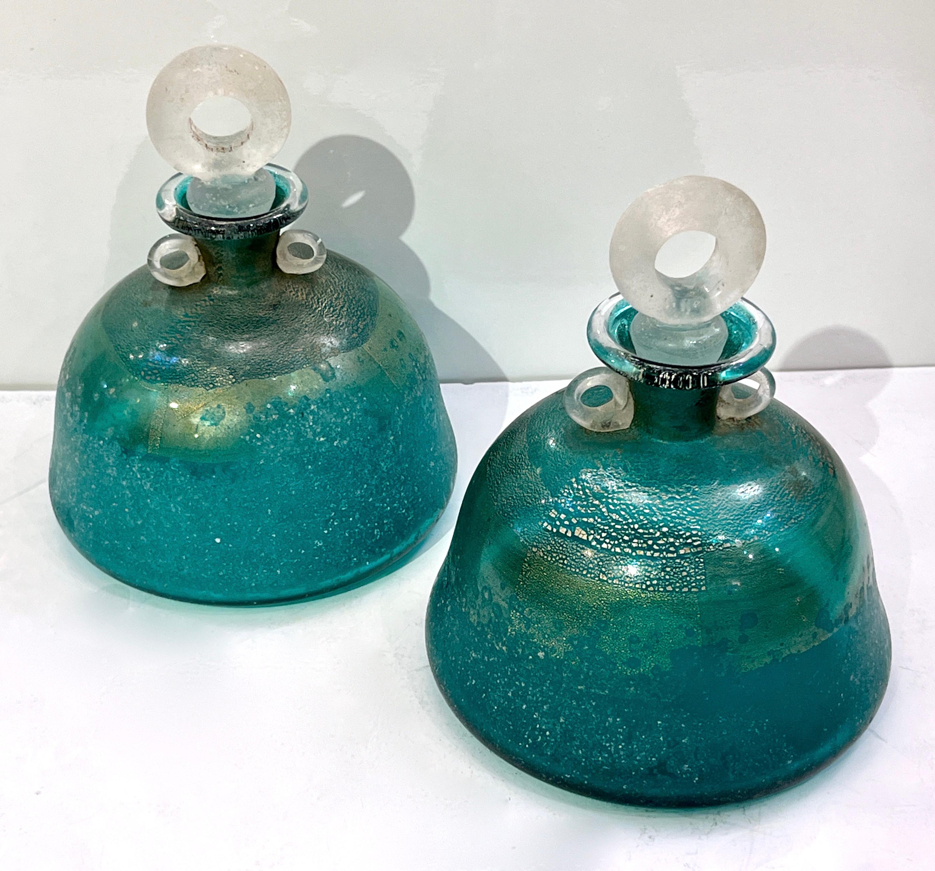 1970s Italian Signed Scavo Murano Glass Green Bottles with Handles and Stoppers For Sale 2