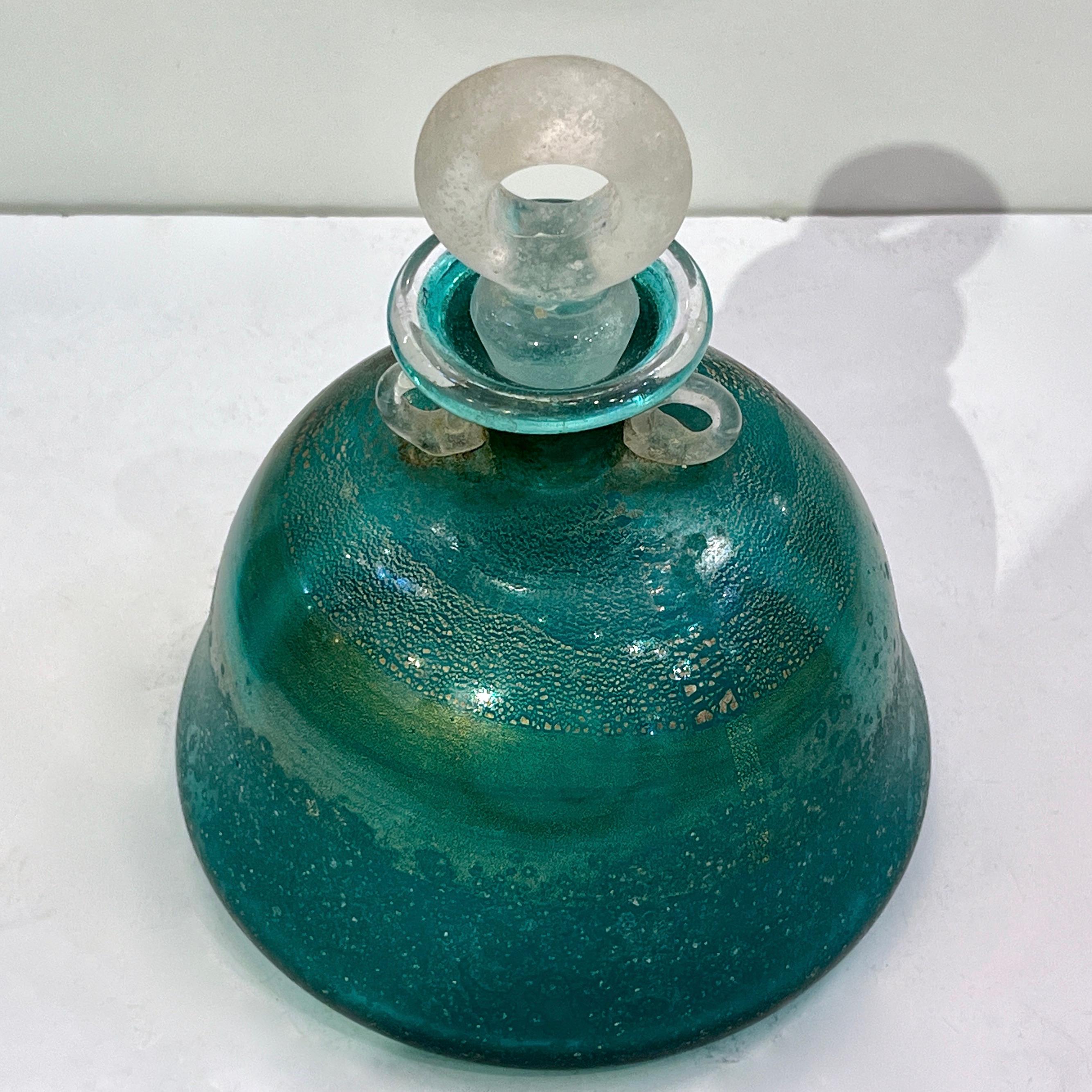 1970s Italian Signed Scavo Murano Glass Green Bottles with Handles and Stoppers For Sale 5