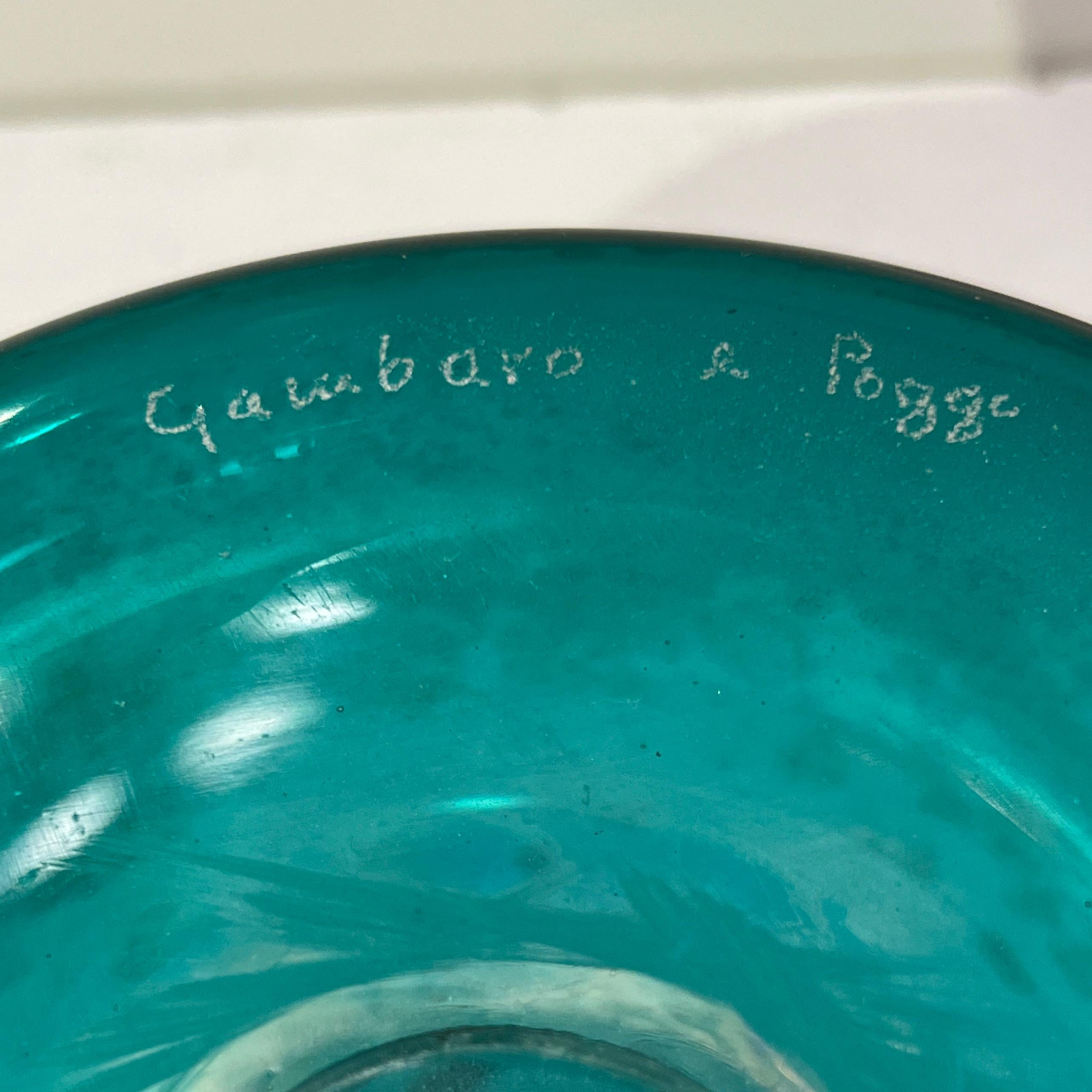 Hand-Crafted 1970s Italian Signed Scavo Murano Glass Green Bottles with Handles and Stoppers