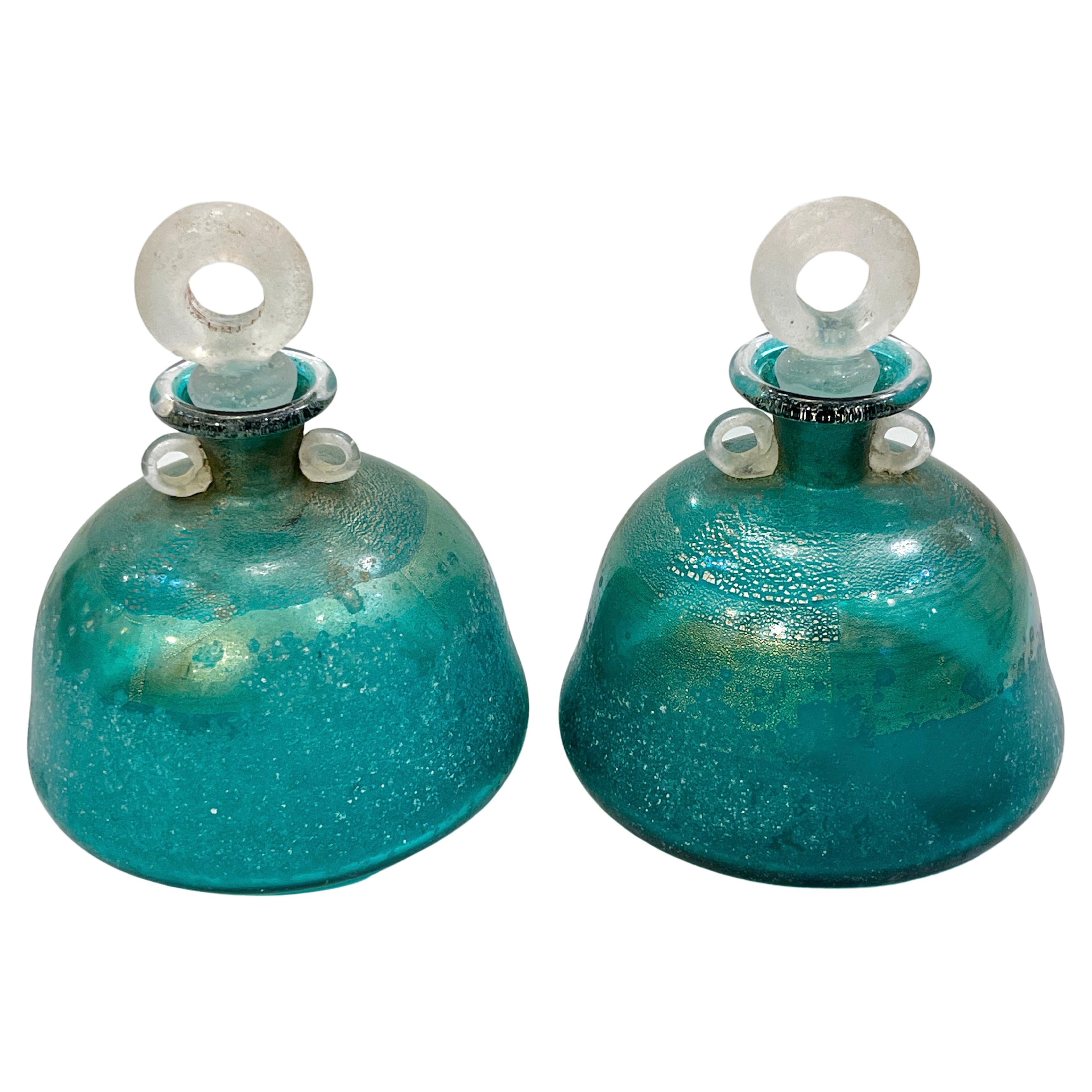 1970s Italian Signed Scavo Murano Glass Green Bottles with Handles and Stoppers For Sale