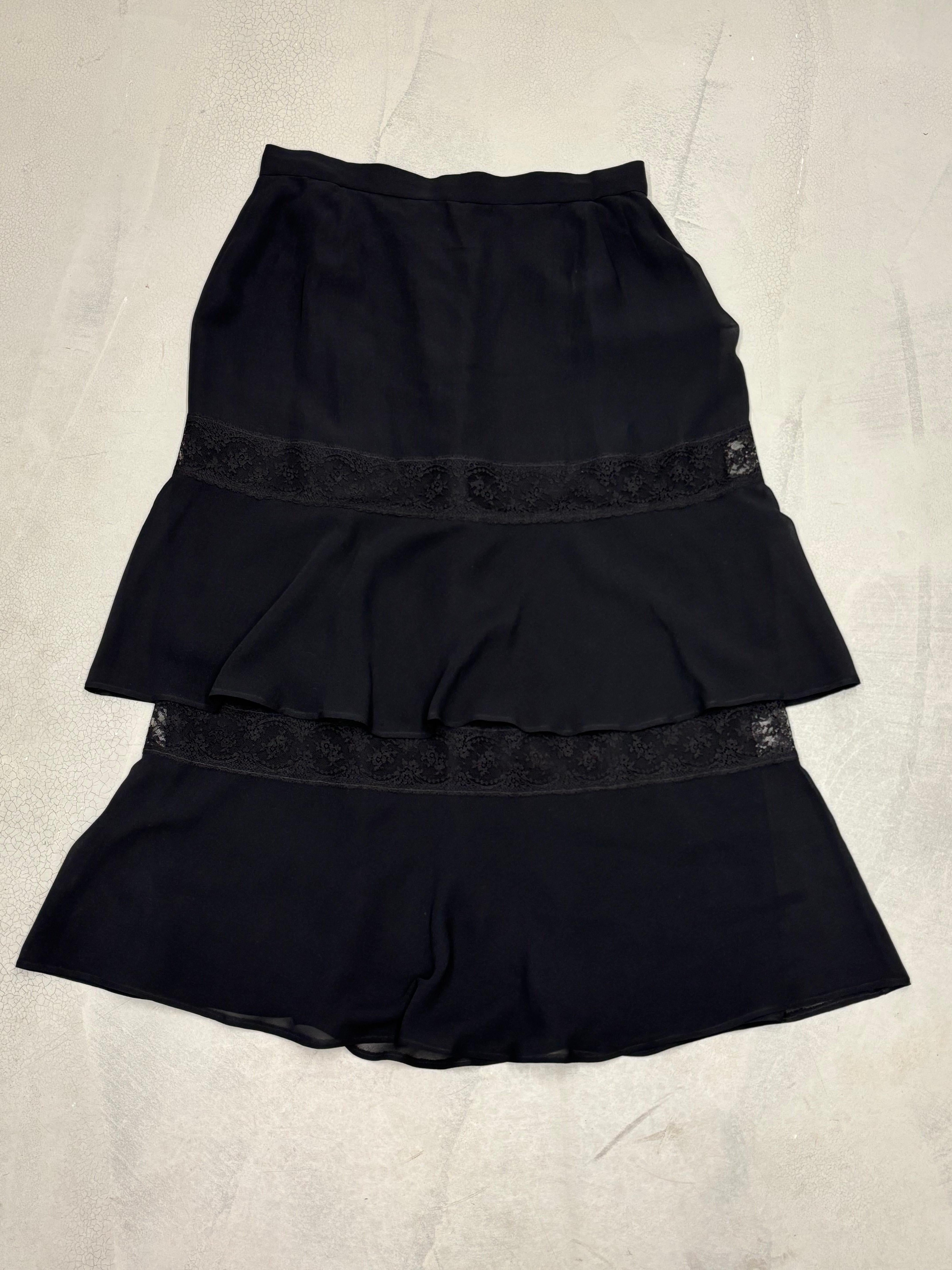 Black 1970's Italian silk layered lace skirt For Sale