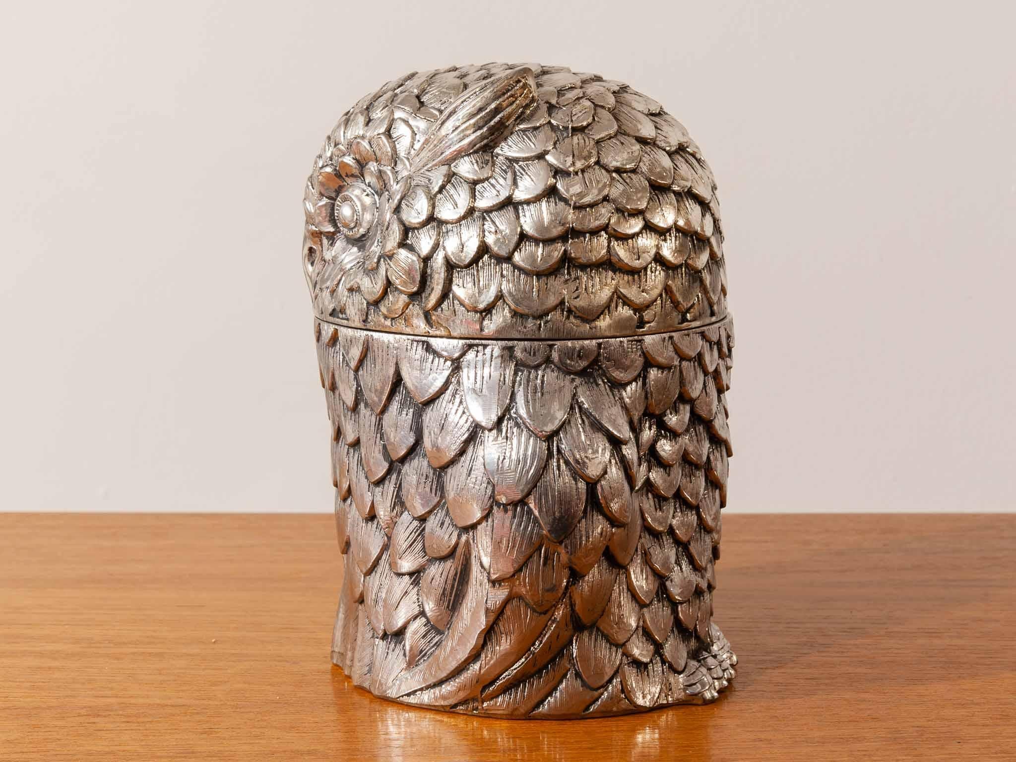 Mid-Century Modern 1970s Italian Silver Metal Mauro Manetti Owl Ice Bucket